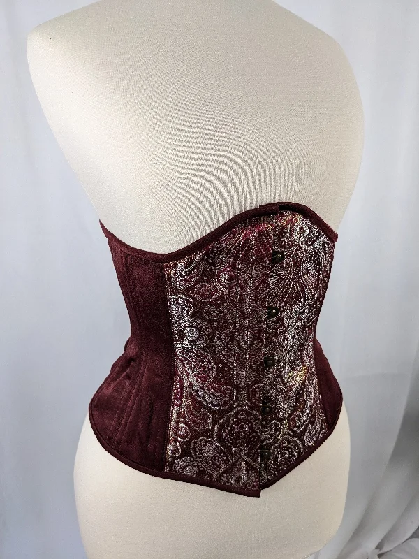 Corset in light emerald-Burgundy Silver and Gold Brocade and Satin Steel Boned Low Curve Mid Hip Underbust Corset