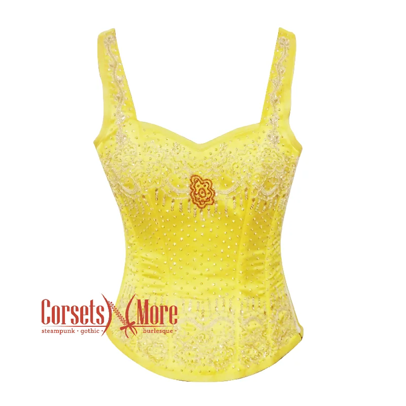 Corset for graceful chic-Yellow Satin With Sequins Work Burlesque Corset With Shoulder Strap