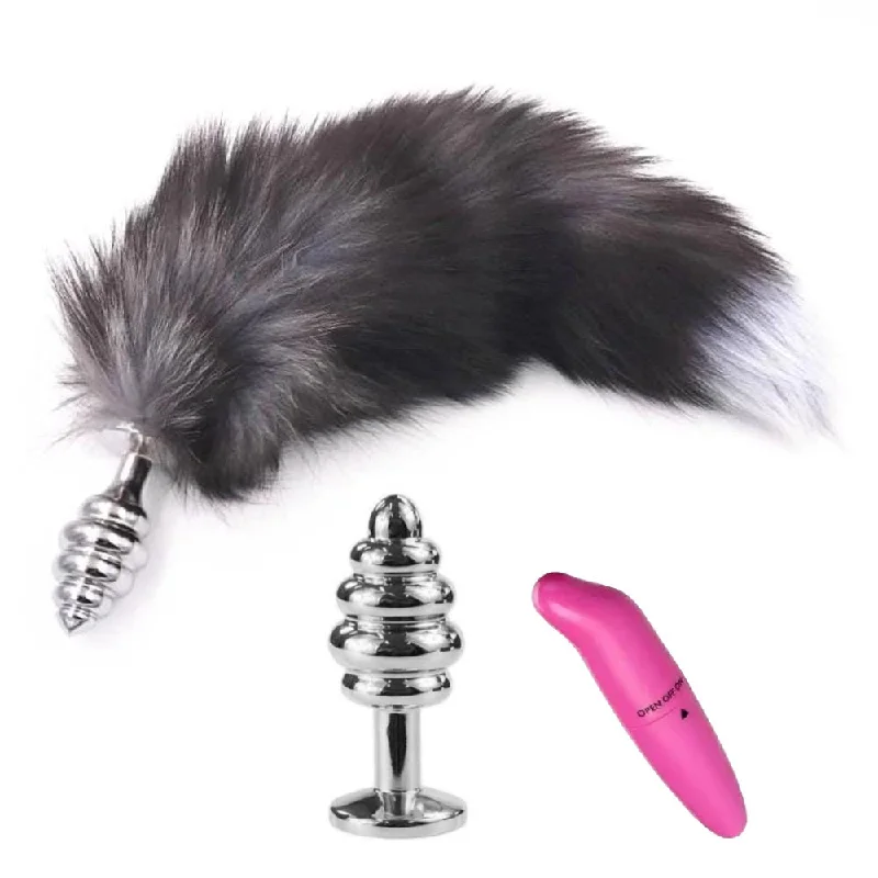 Vibrator sharp vibe-15" Dark Fox Tail with Ribbed-type Princess Plug and Extra Vibrator