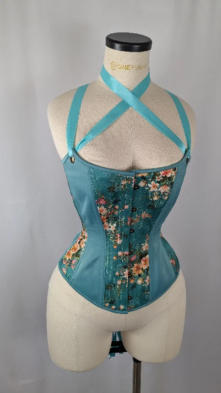 Corset in dark amethyst-Robin Egg Blue Silk Jacquard Scoop Neck Steel Boned Overbust Corset