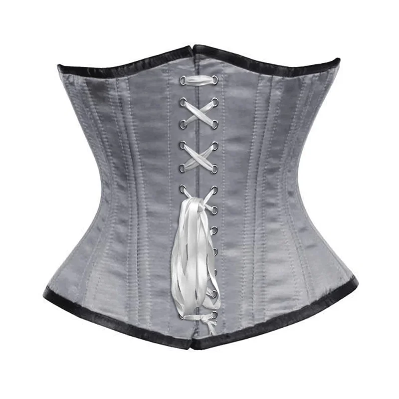 Corset in light mauve-Grey Satin Double Bone Front White Ribbon Gothic Underbust Bustier Corset