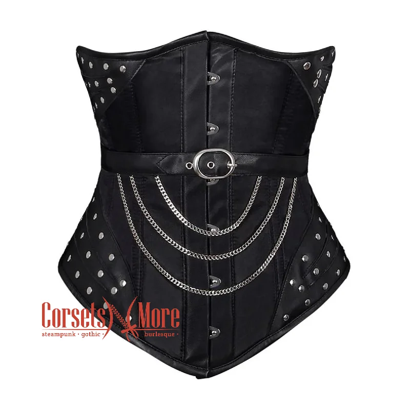 Corset dress with bow edging-Steampunk Black Satin Leather Belt Heavy Duty Underbust Costume Basque Top