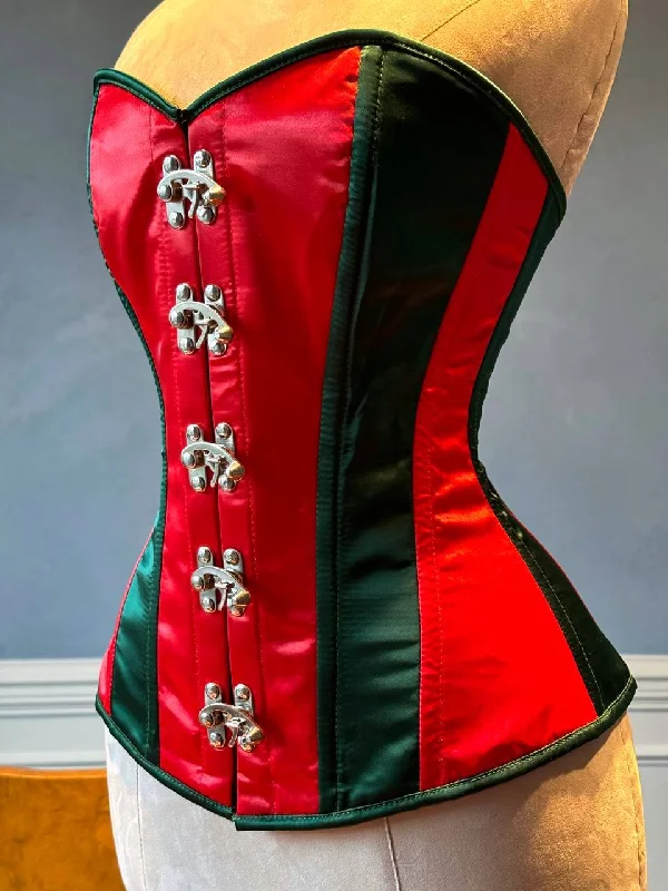 Corset in light emerald-Overbust red and green satin in Santa style with steampunk closure hooks in the front. Corset is made personally according to your measurements.