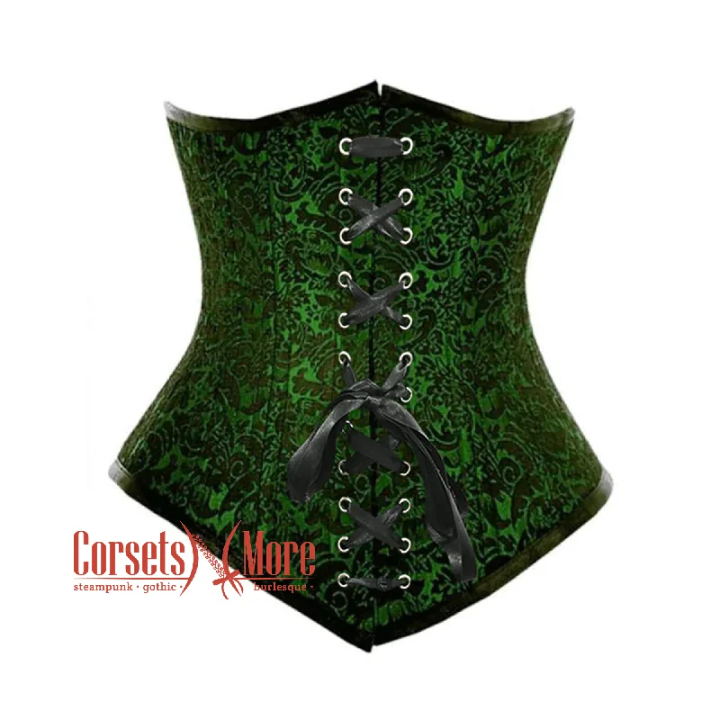 Corset with velvet trim-Plus Size Green And Black Brocade Double Boned With Front Lace Waist Training Underbust Gothic Corset Bustier Top