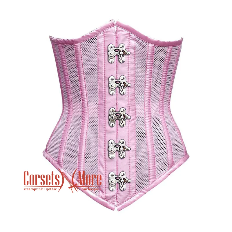 Corset with satin piping-Pink Satin Mesh With Front Silver Clasps Long Underbust Corset Gothic Costume Bustier Top