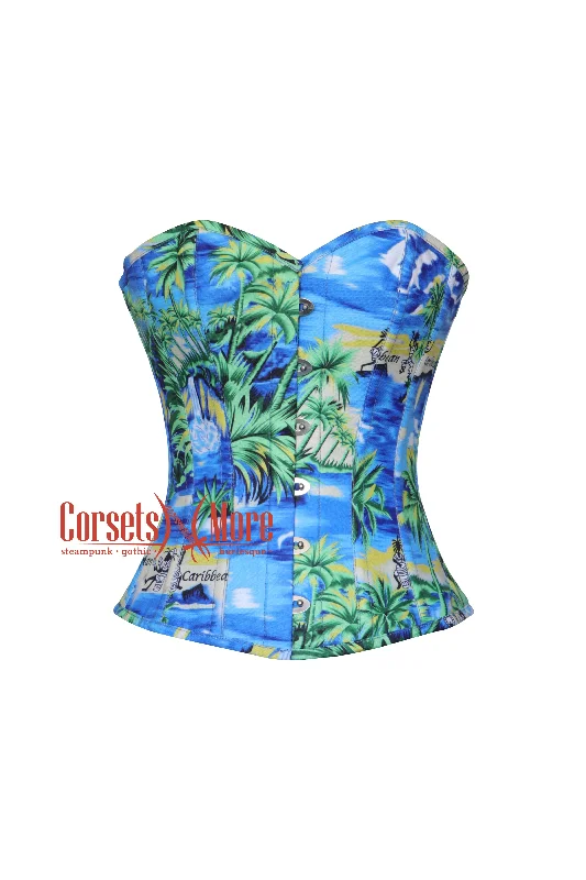 Corset for delicate glamour-Summer Beach Printed Cotton Overbust Corset Island Hibiscus Costume