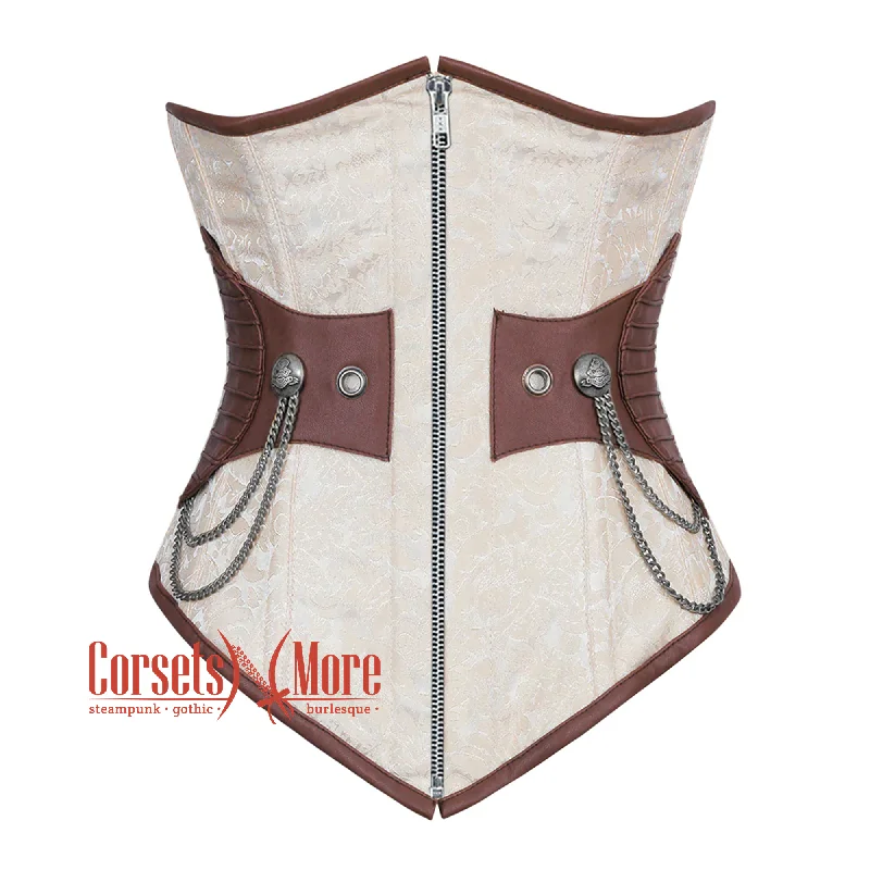 Corset in muted emerald-Ivory And White Brocade Brown Leather Front Zipper Steampunk Underbust Corset