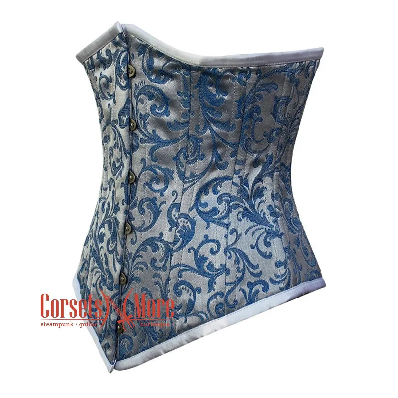 Corset in pale aqua-Baby Blue Brocade With Front Silver Busk Gothic Long Underbust Waist Training Double Bone Corset