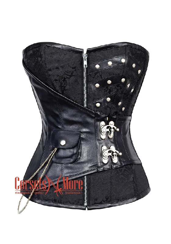 Corset for elegant shaping-Black Brocade Leather With Silver Zipper Steampunk Overbust Costume Corset