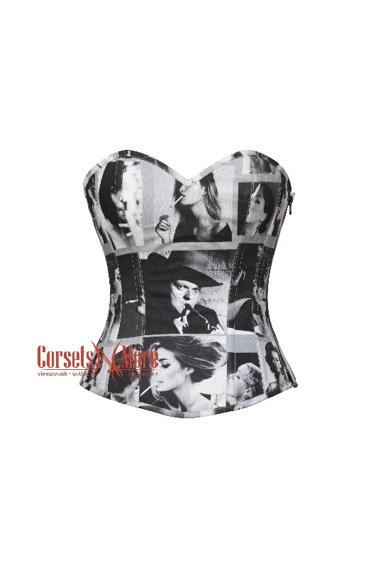 Corset in rich blush-Vera Smoke Smoking Girl Print Black Cotton Overbust Corset Bustier Retro Top