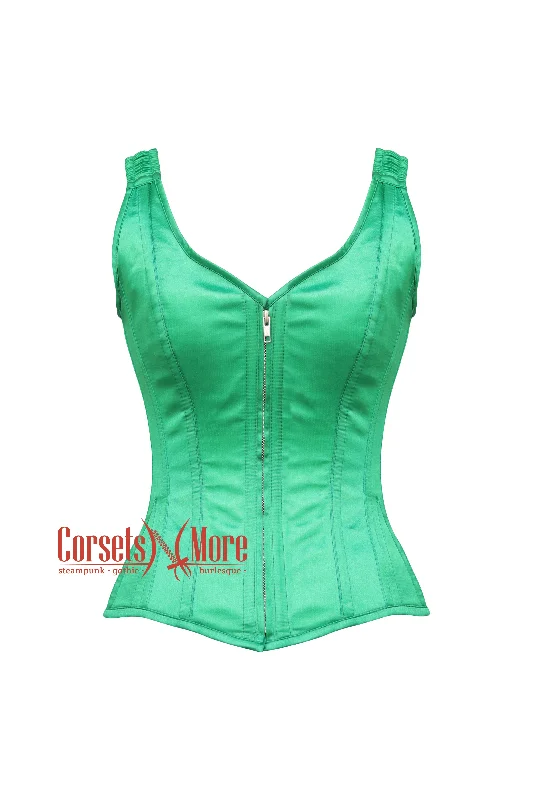 Corset for sleek glamour-Emerald Faye Green Satin Shoulder Strap Gothic Overbust Corset Top