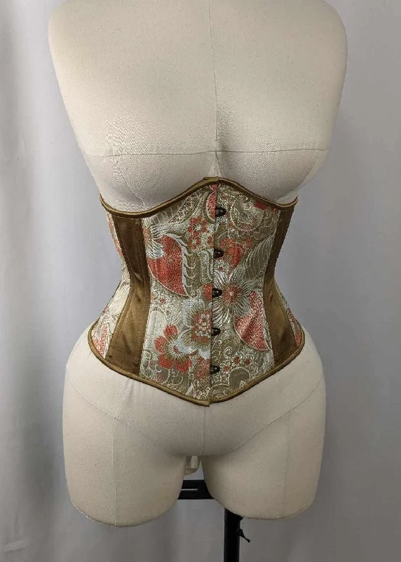 Corset top with high-low trim-Ivory Gold and Coral Brocade and Satin Steel Boned Low Curve Mid Hip Underbust Corset