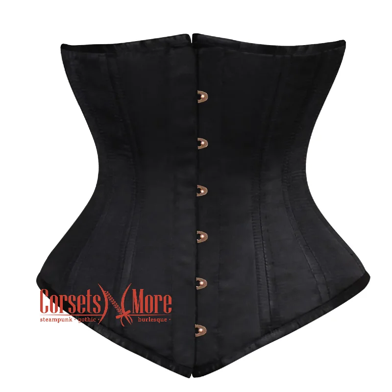 Corset top with sheer edging-Black Satin Double Boned Front Antique Busk Longline Underbust Steampunk Corset