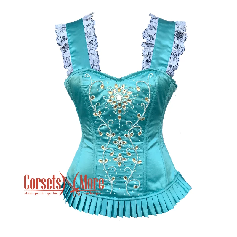 Corset for modern contours-Baby Blue Satin White Sequins Work With Shoulder Strap Burlesque Overbust Corset Top