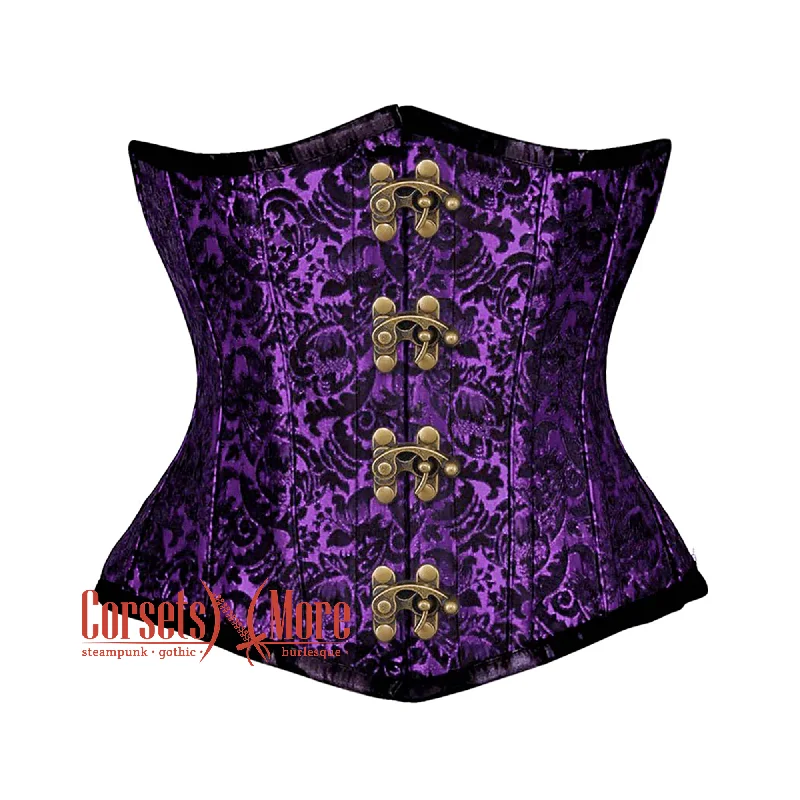 Corset with velvet cord-Plus Size Purple And Black Brocade Front Lace Steampunk Gothic Waist Training Underbust Corset Bustier Top