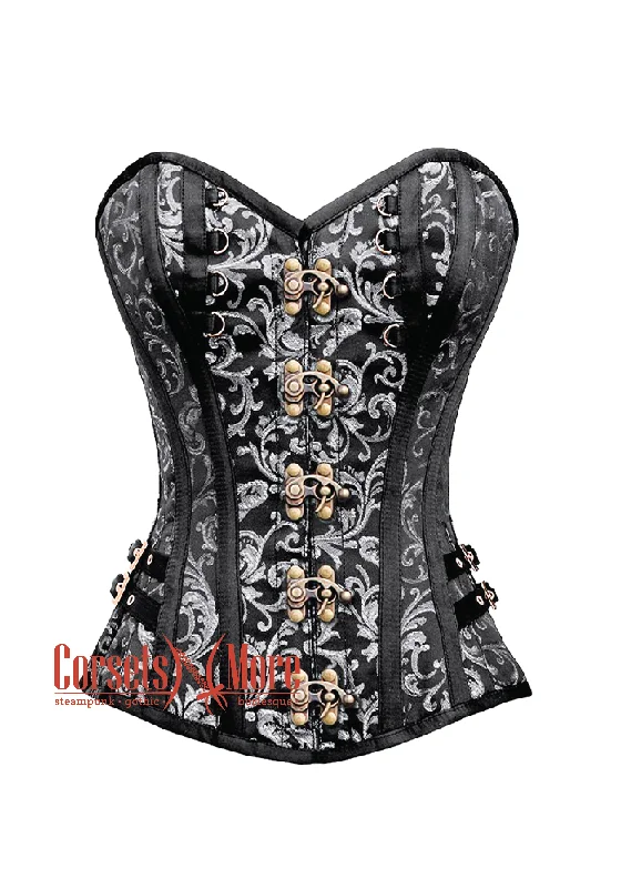 Corset dress for evening chic-Black and Silver Brocade With Antique Clasps Steampunk Overbust Costume Corset