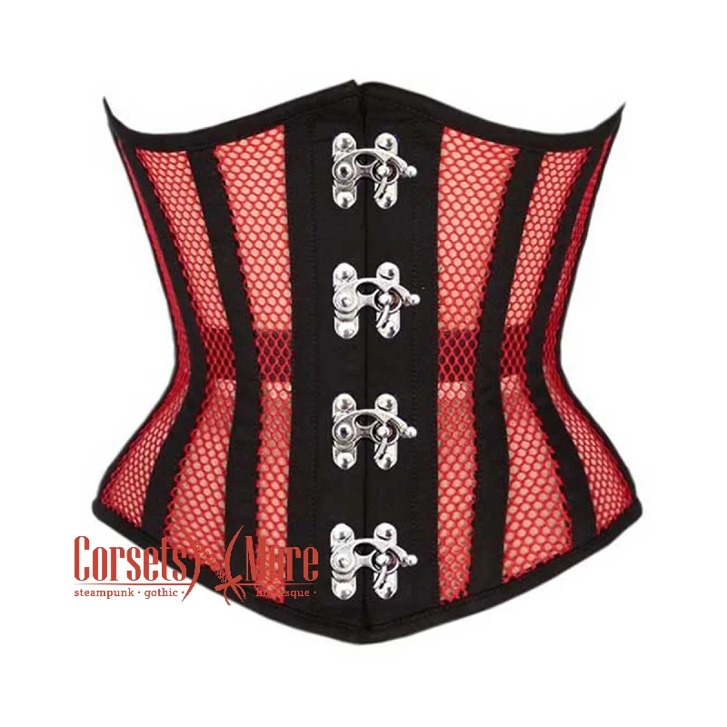 Corset dress in rich emerald-Red Mesh Black Cotton Gothic Front Clasps Waist Training Underbust Corset