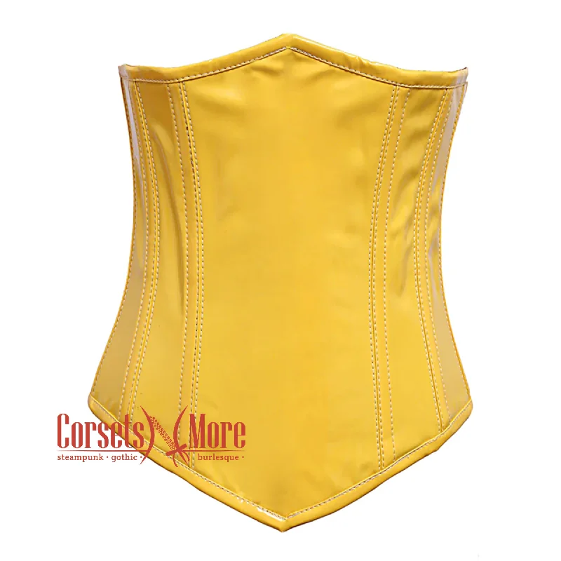 Corset with lace piping-Yellow PVC Leather  With Front Close Gothic Long Underbust Waist Training Corset