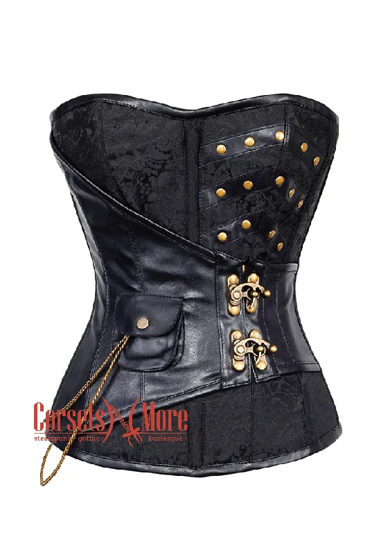 Corset in soft pewter-Black Brocade Leather Steampunk Overbust Costume Corset