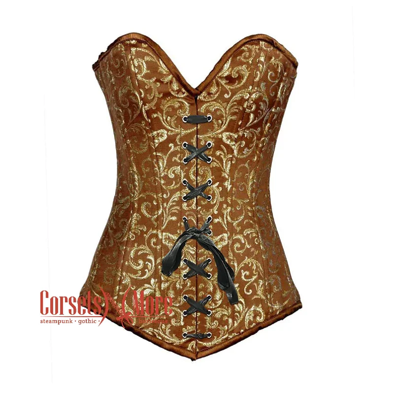 Corset top with sheer piping-Plus Size Brown And Golden Brocade Long Front Lace Burlesque Gothic Overbust Corset Bustier Top