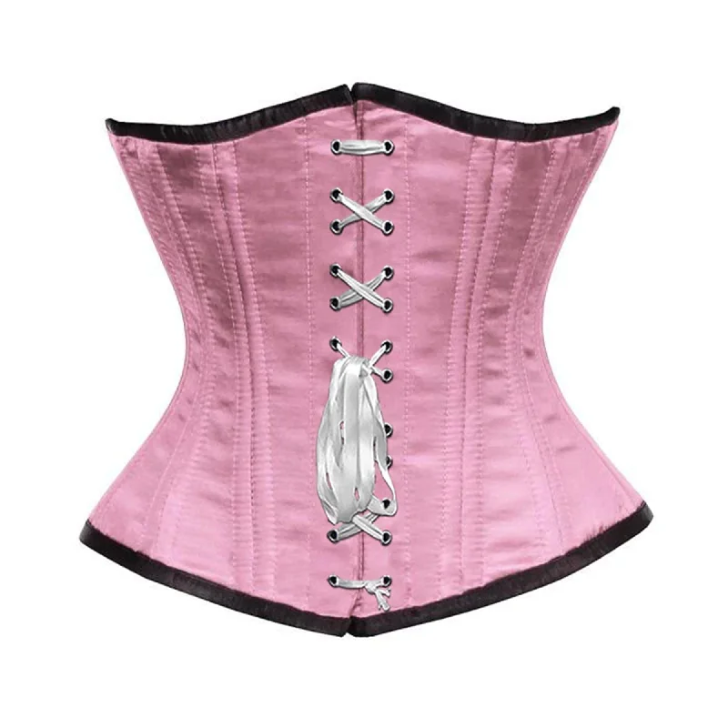 Corset dress with bow hem-Baby Pink Satin Double Bone Front White Ribbon Gothic Underbust Bustier Corset