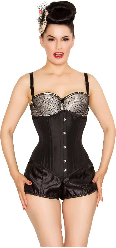 Corset with lace trim-Waist Training Tightlacing Long Corset Cincher In Black