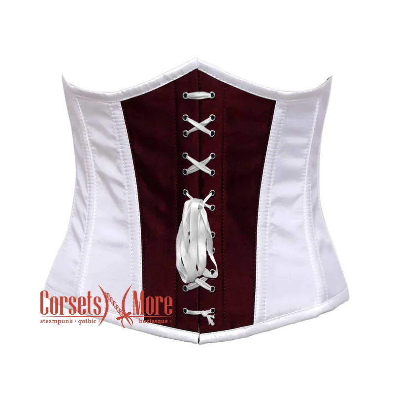 Corset dress with flared edging-White And Burgundy With Front White Lace Underbust Corset Gothic Costume Bustier Top