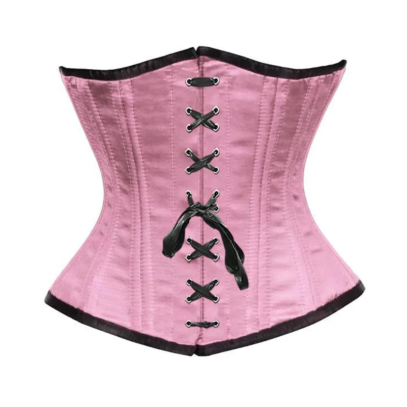 Corset top in soft sienna-Baby Pink Satin Double Bone Front Black Ribbon Gothic Underbust Bustier Corset