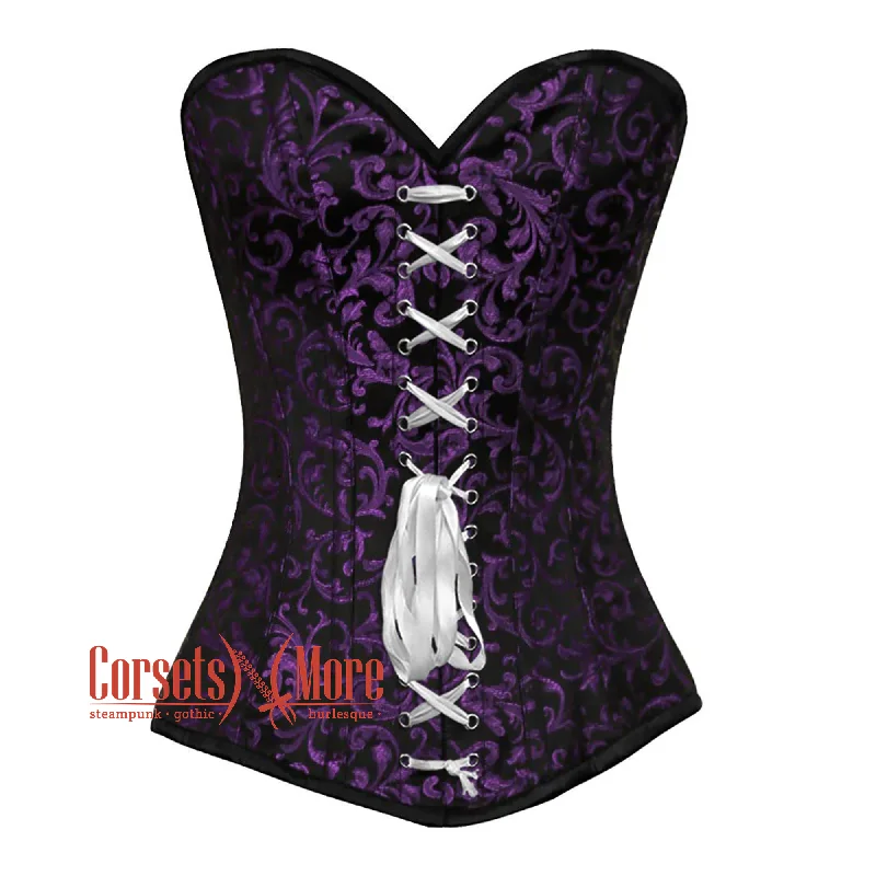 Corset dress in rich emerald-Plus Size Purple And Black Brocade Front Lace Gothic Corset Overbust Top