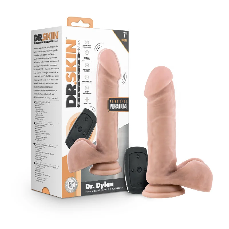 cloak-dildo-Dr. Skin Silicone By Blush® | Dr. Dylan Vanilla 7.5-Inch Long Rechargeable Remote Control Vibrating Dildo With Suction Cup Base