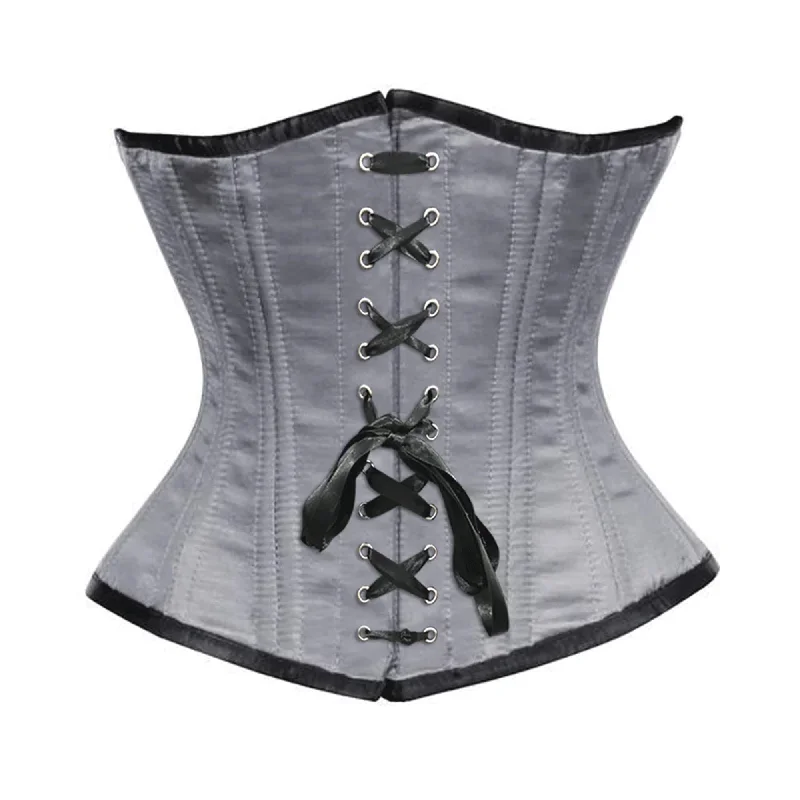 Corset dress with ruffled edging-Grey Satin Double Bone Front Black Ribbon Gothic Underbust Bustier Corset