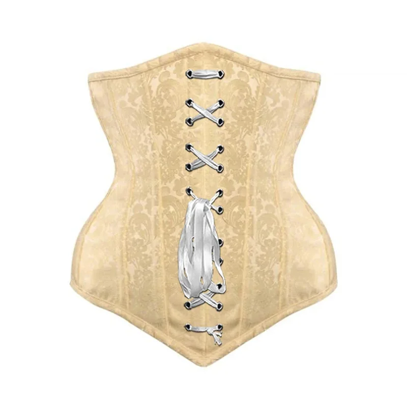 Corset for graceful shaping-Ivory Brocade Long V Shape Front White Ribbon Gothic Underbust Bustier Corset