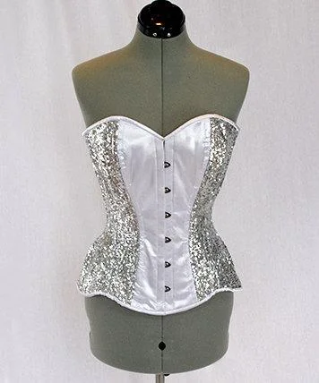 Corset top in soft amber-Shiny sequins and satin overbust authentic corset with long hip-line. Steel-boned corset for tight lacing, prom, gothic, wedding, valentine