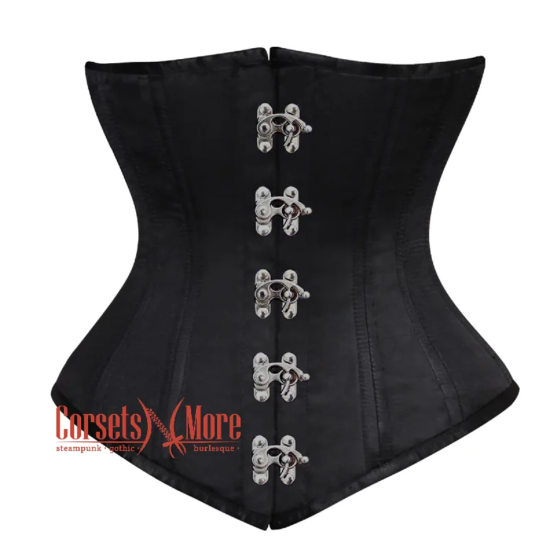 Corset dress with bow ribbon-Black Satin Double Boned Front Clasps Longline Underbust Steampunk Corset