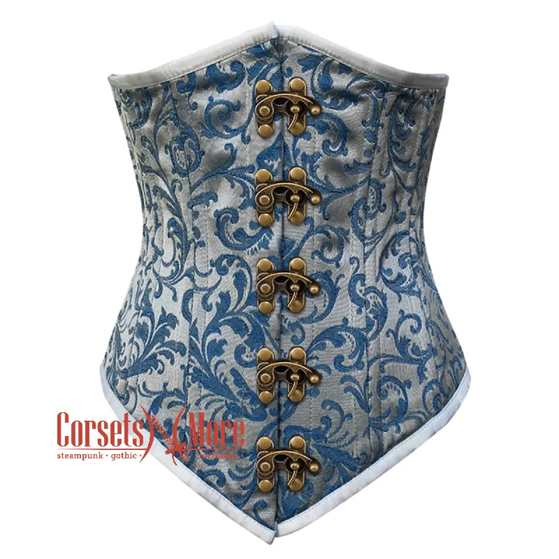 Corset for timeless shaping-Baby Blue Brocade With Front Clasps Gothic Long Underbust Waist Training Double Bone Corset