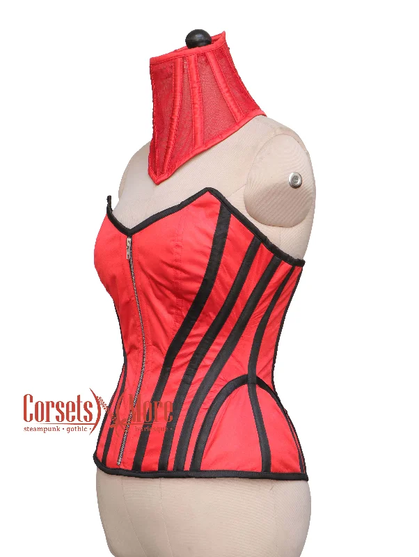 Corset top with velvet edging-CorsetsNmore Women’s RedSatin Black Stripes Gothic Overbust With  Neck Posture Collar Corset