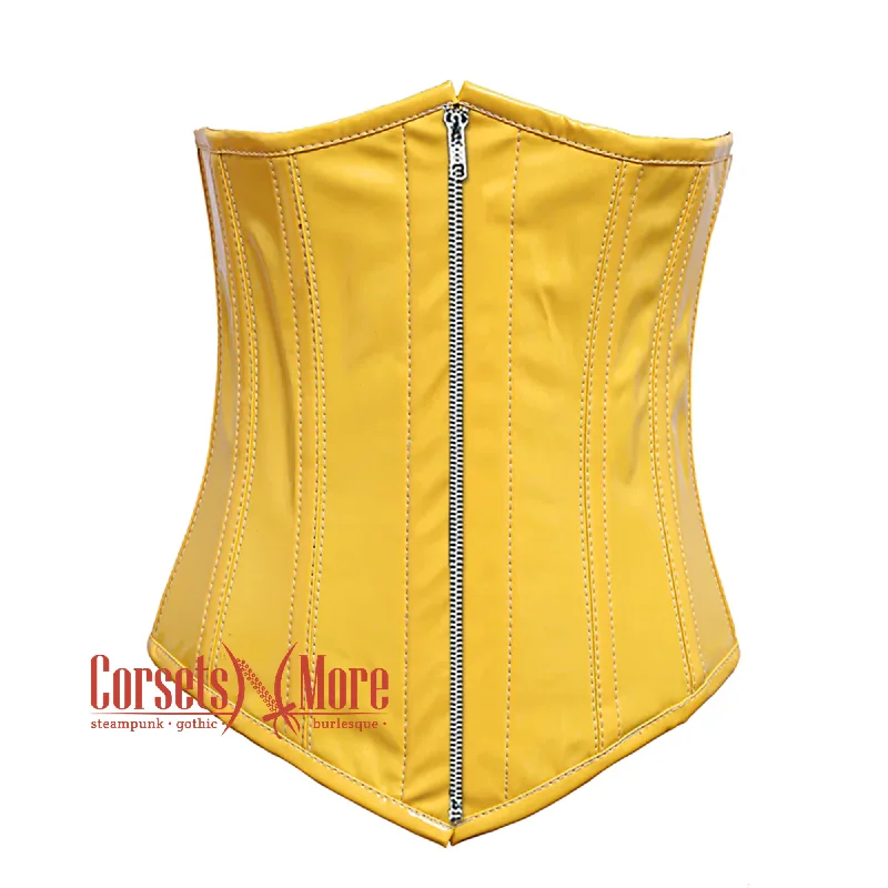 Corset in pale cerise-Yellow PVC Leather With Front Silver Zipper Gothic Long Underbust Waist Training Corset