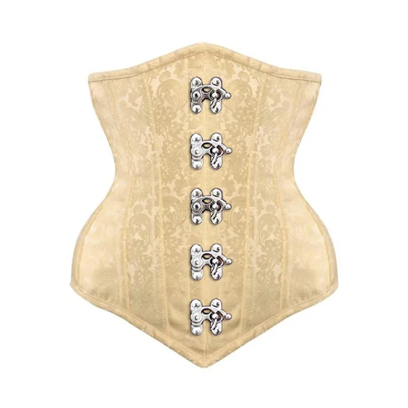 Corset with satin piping-Ivory Brocade Long V Shape Front Silver Clasps Gothic Underbust Bustier Corset