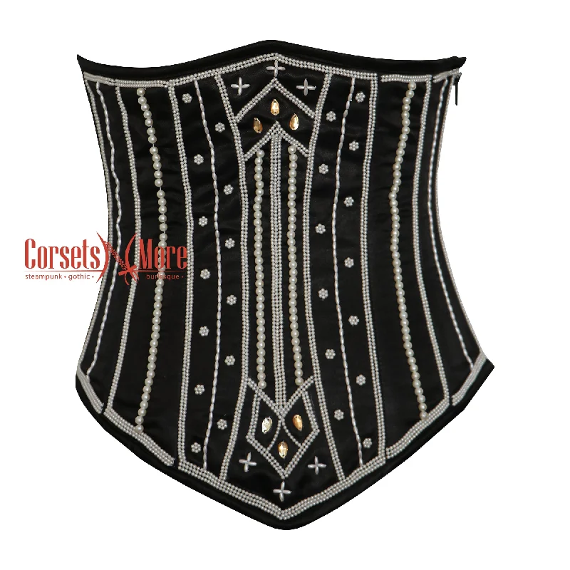 Corset dress for summer allure-Black Satin White Sequins Burlesque Underbust Corset Christmas Costume