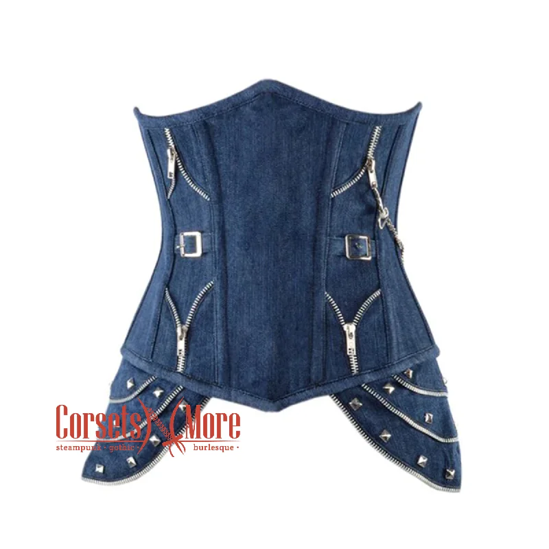 Corset top with floral edging-Blue Denim Gothic Heavy Duty Front Closed Steampunk Waist Training Underbust Corset