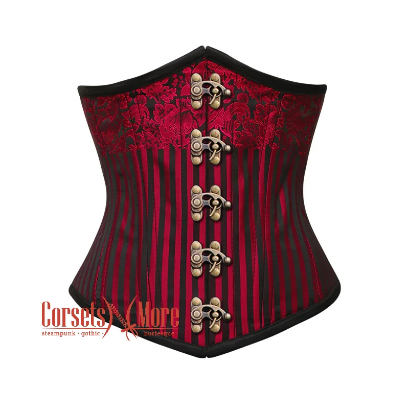 Corset in muted sienna-Red and Black Brocade Steel Boned Front Antique Clasps Underbust Corset