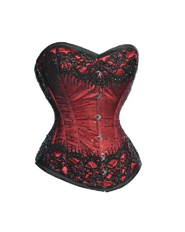 Corset for chic contours-Red Satin Black Sequins Overbust Corset Waist Training Gothic Costume