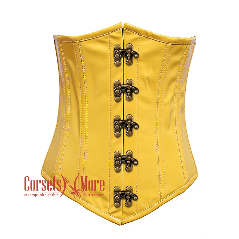 Corset with satin cord-Yellow PVC Leather With Front Clasps Gothic Long Underbust Waist Training Corset