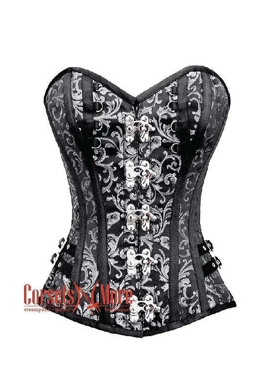 Corset in soft rose-Black and Silver Brocade With Silver Clasps Steampunk Overbust Costume Corset