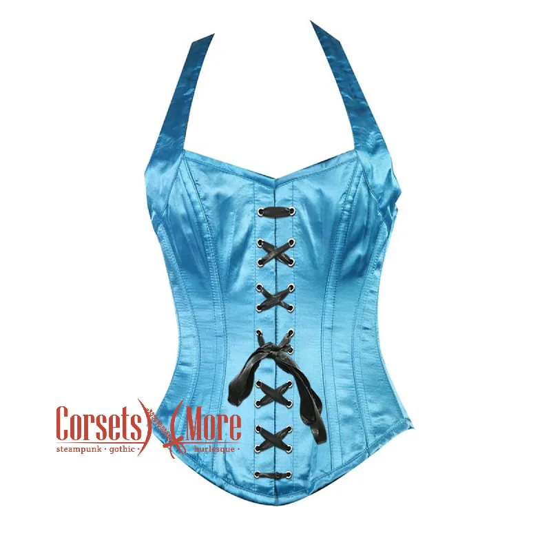 Corset dress in muted amber-Plus Size Baby Blue Satin With Shoulder Strap Front Lace Burlesque Overbust Corset Bustier Top