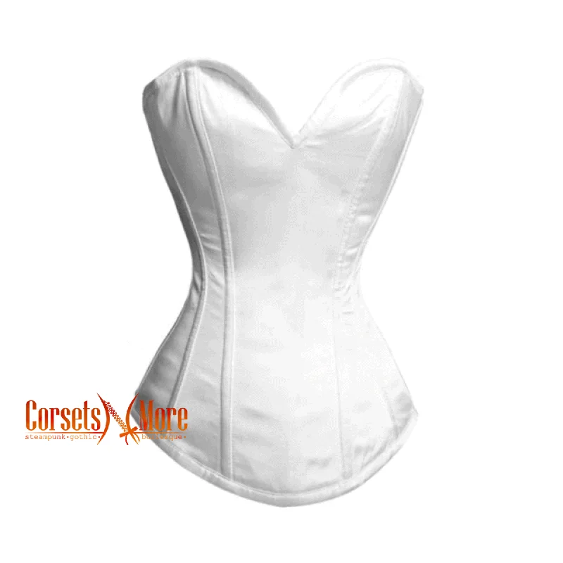 Corset dress with ruffled trim-CorsetsNmore Women’s White Satin Long Burlesque Overbust  Gothic Corset