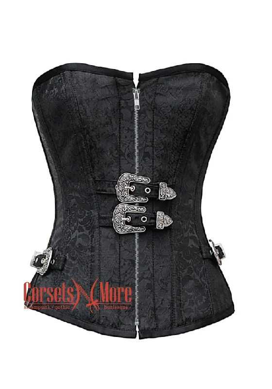 Corset with lace edging-Black Brocade Silver Zipper Gothic Costume Waist Training Bustier Overbust Corset Top