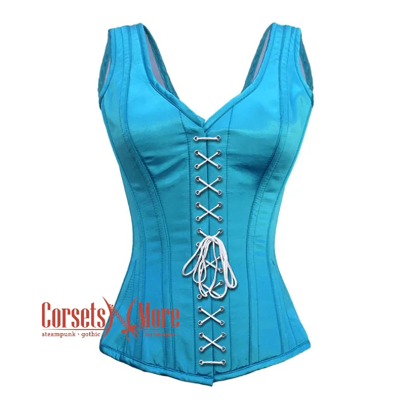 Corset with satin trim-Plus Size Baby Blue Satin With Front White Lace Gothic Overbust Burlesque Corset Waist Training Top