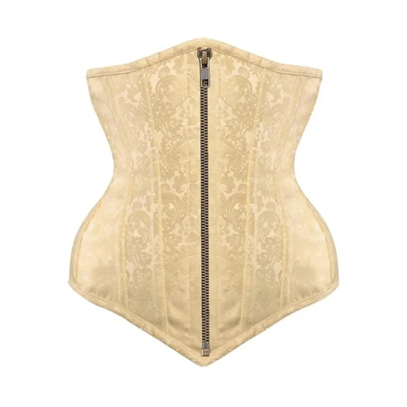 Corset top with ruched edging-Ivory Brocade Long V Shape Front Antique Zipper Gothic Underbust Bustier Corset