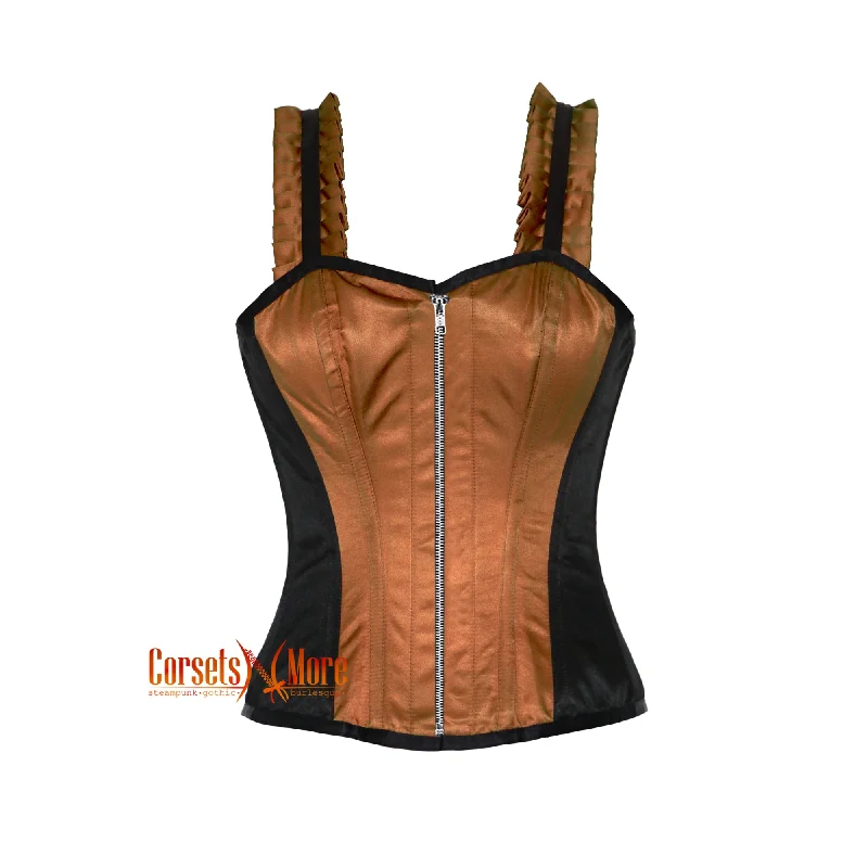 Corset with satin trim-CorsetsNmore Women’s Brown And Black Satin Corset With Shoulder  Strap Overbust Zipper Top